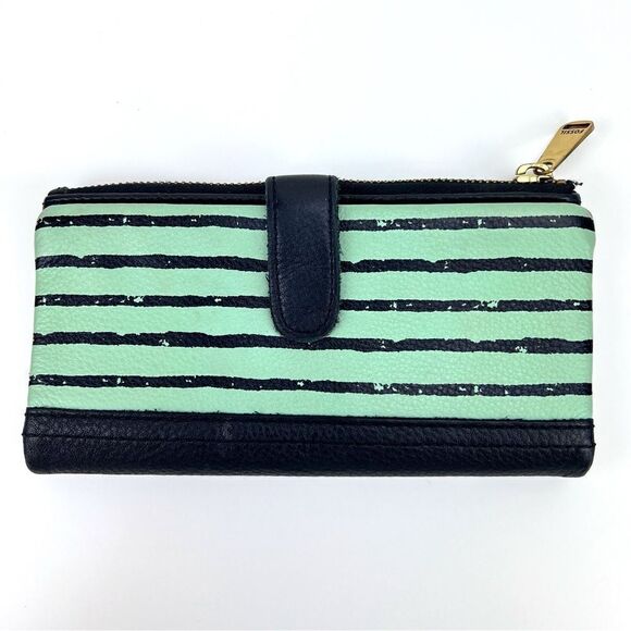 Fossil Teal Black Striped Leather Wallet - Picture 1 of 7